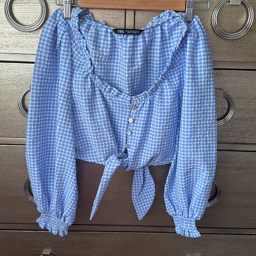 🛍️FINAL SALE🛍️ZARA 2 PCs Blue-White Gingham Crop Top & Pleated Split Skirt/Skort - Picture 4 of 10